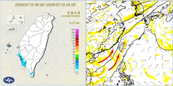今晨4時累積雨量圖顯示，南、高、屏有局部短暫降雨（左）。歐洲模式19日20時模擬圖顯示，在南海及菲律賓東方的熱帶擾動，沒有發展；不過，南海的擾動，維持臺灣附近的偏南風及水氣，帶來連日午後有強對流的天氣（右）