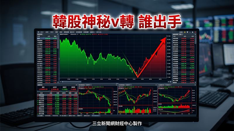 受AI泡沫疑慮衝擊,韓股半導體雙雄重摔,隨後在韓國官方四大部門緊急開會救市的消息激勵下,大盤迅速翻紅反彈。(圖/三立新聞網財經中心蕭榕AI製圖)