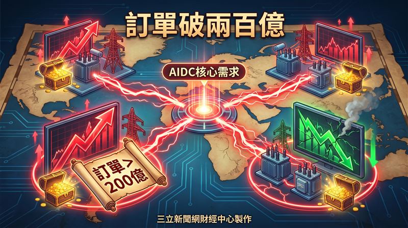 AI資料中心（AIDC）熱潮持續延燒，帶動電力設備採購需求跟著加溫，重電四雄華城（1519）、士電（1503）、亞力（1514）與中興電（1513）業績同步走揚，其中華城手中AIDC相關訂單已逾200億元，估今年營收貢獻比重將突破15％（圖／三立新聞網財經中心蕭榕AI製圖）