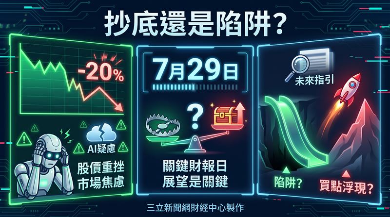 微軟今年以來股價重摔逾20%,市場籠罩在AI疑慮與軟體股拋售陰影下。財報將於7月29日登場,美媒《Motley Fool》就股價重挫究竟是買點還是陷阱提出解答。(圖/三立新聞網財經中心蕭榕AI製圖)