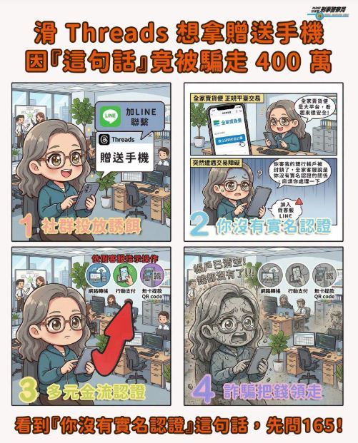 警方提醒,只要對方要求進行「實名認證」、「金流驗證」,或索取無卡提款條碼、付款碼等重要截圖,都應高度懷疑是詐騙手法。(圖/翻攝自臉書粉絲專頁「165全民防騙」)