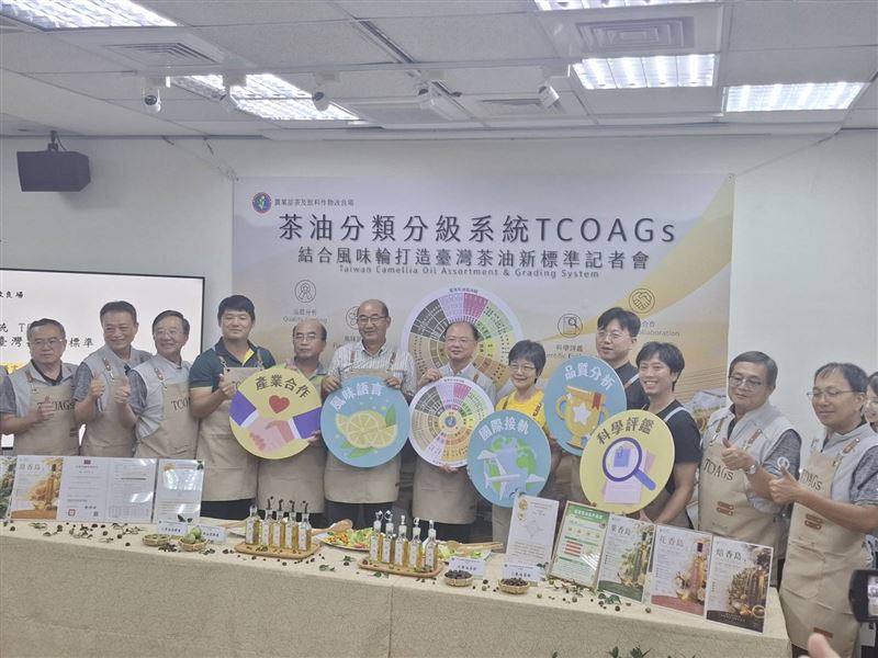 農業部茶及飲料作物改良場今（15）日首度發表國內首套「臺灣茶油風味輪」及「臺灣茶油分類分級系統（TCOAGs）」。（圖／記者周佩怡攝影）