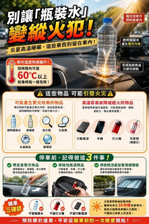 夏天車上放瓶裝水，它可能聚積光能加溫某一個點，進而釀起火。（圖／翻攝自彰化縣消防局臉書）