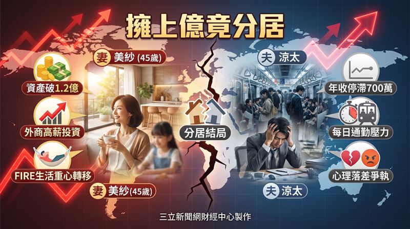 日本一對夫妻起初年收入同為600萬日圓,15年後妻子因外商加薪與投資獲利,資產累積達1.2億日圓並成功FIRE;丈夫則職涯受限、年收持平,長期通勤壓力下與妻子心理落差擴大,最終引爆婚姻危機。(圖/三立新聞網財經中心蕭榕AI製圖)