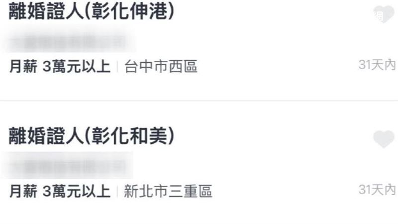 有公司在人力銀行刊出徵離婚證人,月薪3萬元以上