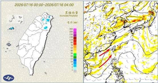 今晨4時累積雨量圖顯示,北臺灣有昨夜殘存的局部短暫降雨(左)。歐洲模式週六20時模擬圖顯示,在南海及菲律賓東方的熱帶擾動,沒有發展;不過,南海的擾動,維持臺灣附近的西南風及水氣,帶來連日午後有強對流的天氣(右)