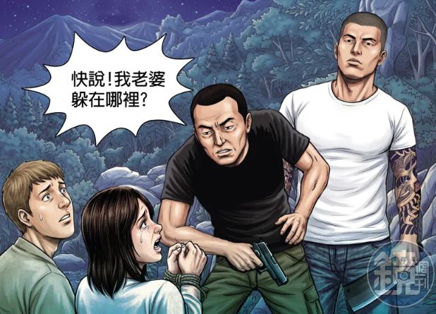 沈文賓跟弟弟押走妻子的友人潘女及呂男，逼問妻子的下落。（示意畫面，AI繪圖Firefly生成，鏡週刊美術組後製）