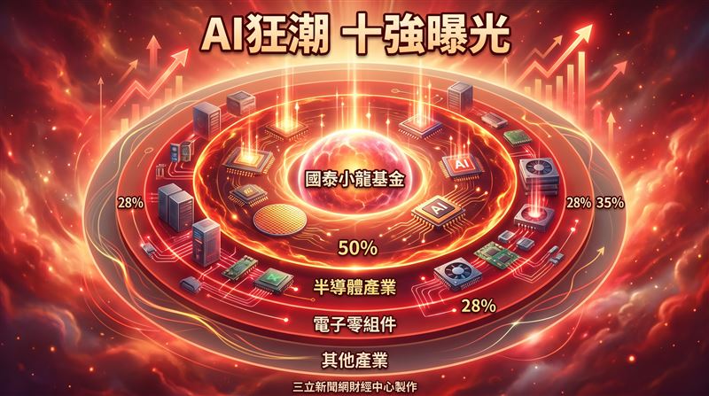 國泰小龍基金最新持股名單（統計至6月30日）前十大標的分別為環球晶、台光電、致茂、欣興、旺矽、台積電、聯發科、國巨、智邦、金像電；該基金產業配置半導體約5成、電子零組件近2成8，兩大產業合計近7成7，緊扣AI供應鏈核心，掌握科技產業升級帶來的投資契機。（圖／三立新聞網財經中心蕭榕AI製圖）