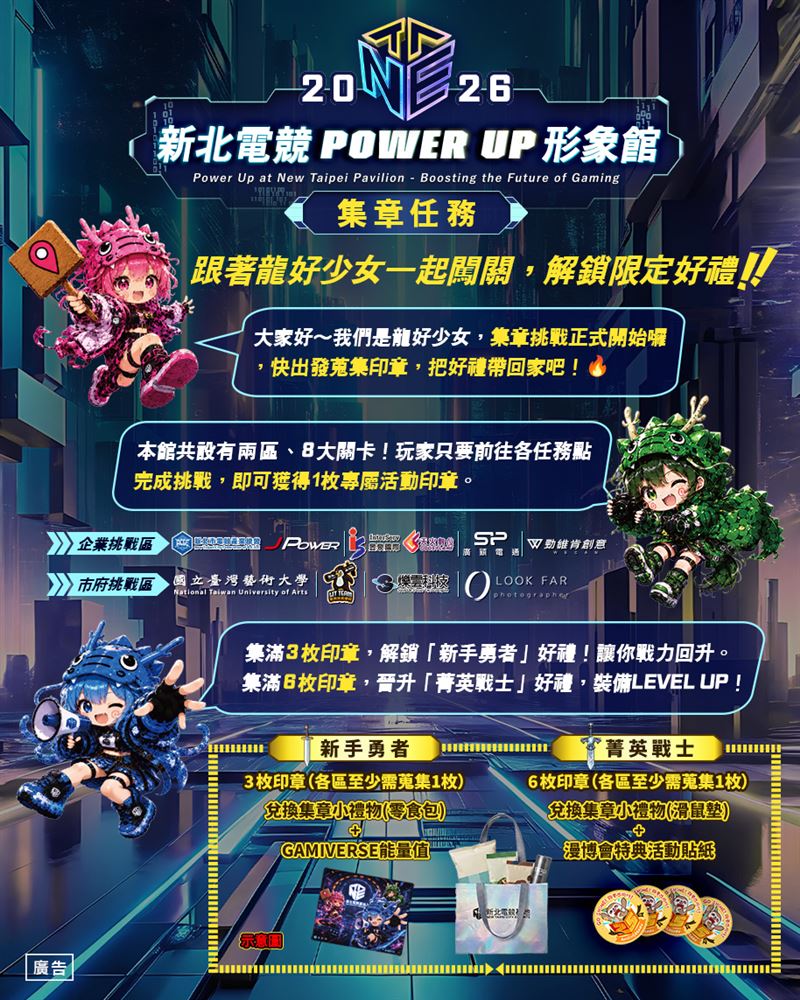 完成集章活動,蒐集3枚或6枚印章並填寫問卷,即可兌換限量「新手勇者」或「菁英戰士」精美好禮。(圖/新北市政府提供)