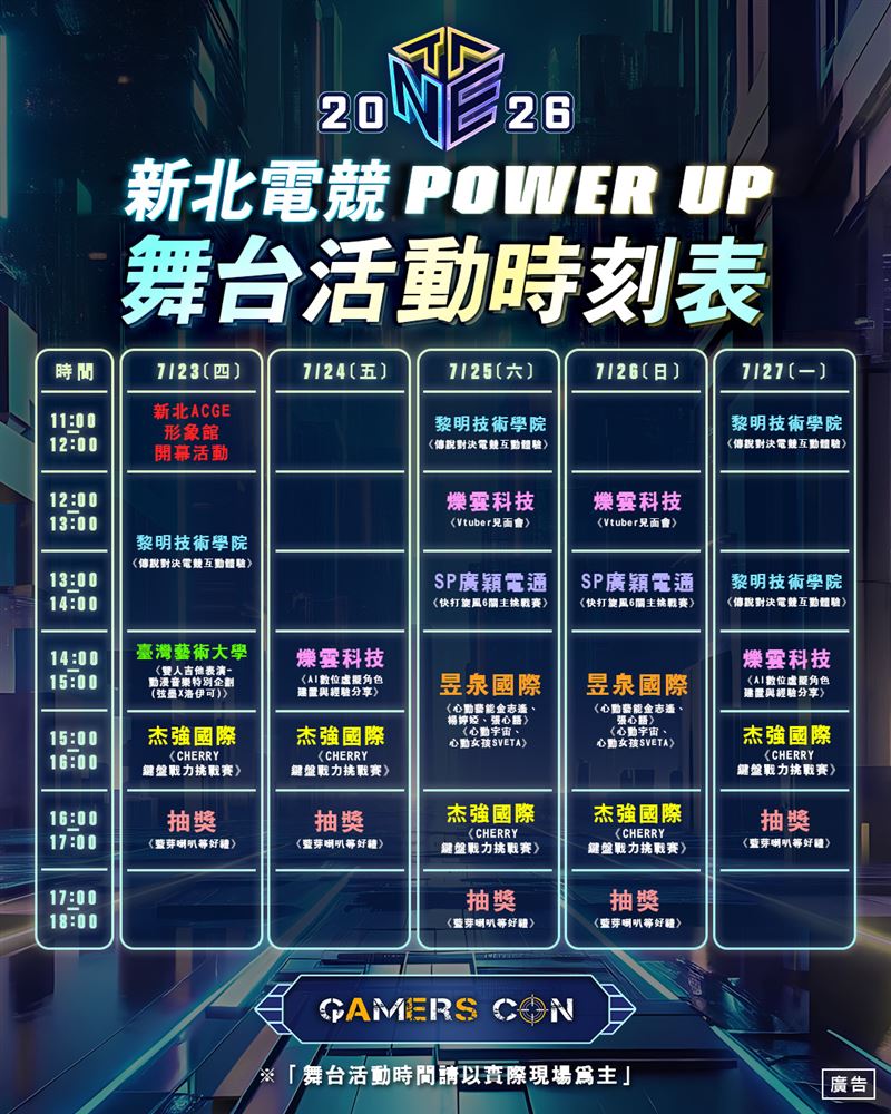 活動期間從7月23日至27日,每天都有豐富的ACGE表演、挑戰賽及Vtuber互動,歡迎民眾蒞臨現場共襄盛舉。(圖/新北市政府提供)