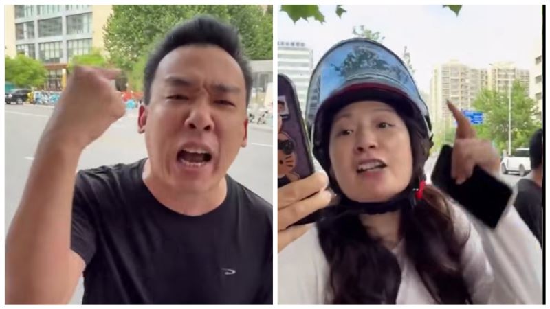 台人赴中遭一對男女逼近,要求表態「你是不是中國人」。(圖/翻攝自王丹臉書)