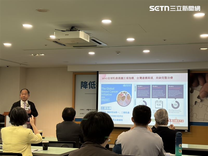 陳芳銘指出,WHO全球乳癌倡議三項指標,台灣達標兩項,尚缺完整治療。(圖/記者簡浩正攝影)