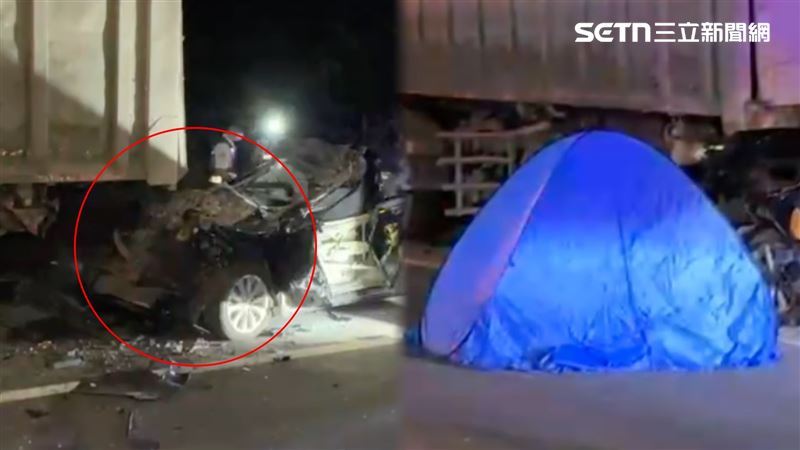 一輛黑色轎車不明原因高速撞進停放路邊的35噸砂石車底盤,車頭被削成泥狀、嚴重潰縮,53歲錢姓男子受困駕駛座,救出時已明顯死亡。(圖/翻攝畫面)