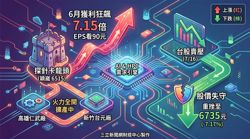 測試介面指標大廠穎崴（6515）公布6月自結營運數字，單月稅後純益達3.1億元，年增幅度驚人，暴增7.15倍，每股純益（EPS）攻上8.61元。（圖／三立新聞網財經中心蕭榕AI製圖）