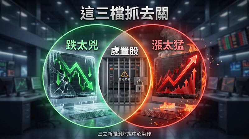 櫃買中心昨（16）日公告最新處置股名單，新增信昌電（6173）、雅特-KY（6907）及創泓科技（7714）等3檔個股，自今（17）日起至7月30日實施處置措施。（圖／三立新聞網財經中心蕭榕AI製圖）