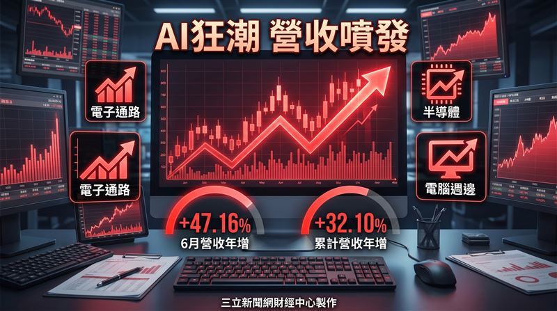 全體上市公司(不含金融保險業及三商投資控股股份有限公司)115年6月份當月營收較114年同期成長47.16%,累計營業收入較114年同期成長32.10%。(圖/三立新聞網財經中心蕭榕AI製圖)