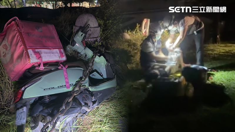 33歲黃姓男外送員,不明原因朝愛河暴衝30公尺,撞上鐵鍊未落水,鬼門關前走一遭。(圖/翻攝畫面)