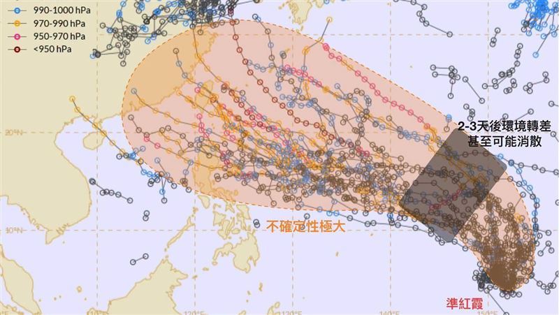 準紅霞路徑如「天女散花」 恐成短命颱