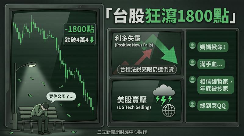 即便台積電法說會釋出利多,台股仍因美股科技股賣壓狂瀉逾1800點,並摜破4萬4大關,導致PTT上「相信魏哲家,年底被抄家」成了今日大批股民的崩潰寫照,,搶進的投資人仍因股價逆勢慘跌而哀鴻遍野。(圖/AI製圖)