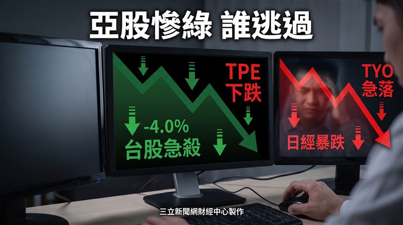 美國半導體股重挫引燃無情賣壓,17日迅速蔓延至整個亞洲市場。日本股市開盤後,AI與晶片相關個股遭到投資人大舉獲利了結,日經225指數盤中一度瘋狂暴跌逾2600點,跌幅直逼4%,大盤不僅失守65000點關卡,技術性修正警報全面響起。(圖/AI製圖)