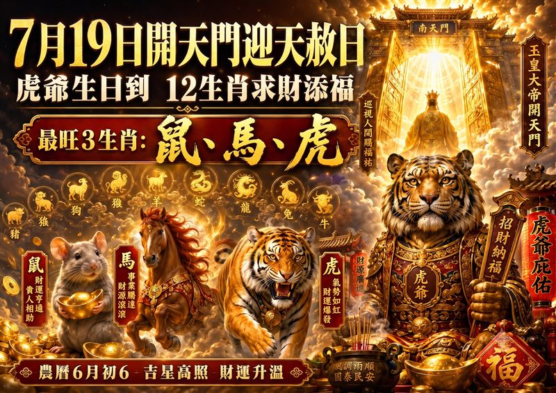 好消息！7月19日玉帝出巡也是虎爺聖誕！12生肖一次看，「鼠、馬、虎」棒到不行。（圖／雨揚老師提供、Gemini製作）
