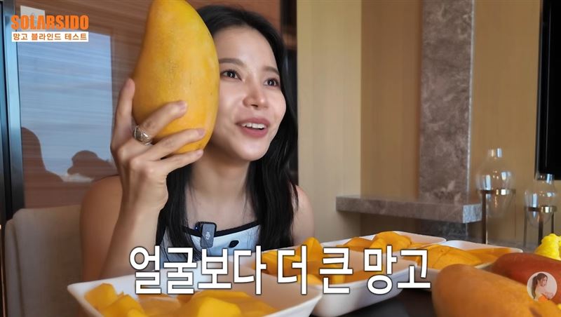 MAMAMOO成員頌樂開箱台灣芒果,不斷喊「超好吃」。(圖/翻攝自솔라시도 solarsido YT)
