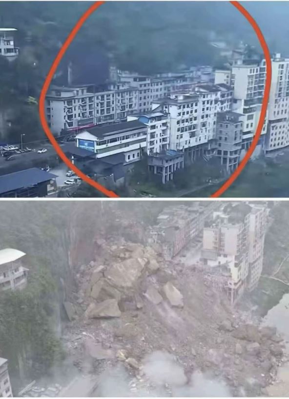 重慶山崩「整整兩排房子消失」，恐怖對比照曝光，中國官方稱「8人死亡、34失聯」。（圖／翻攝自X平台 @李老師不是你老師）