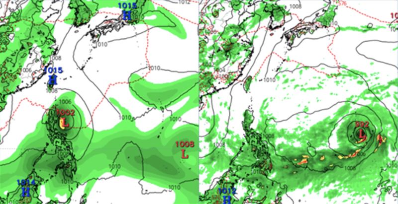 最新(17日20時)歐洲(EC-AIFS)模式(左圖)及美國(GFS)模式(右圖),下週四(23日)20時模擬圖顯示,西北太平洋,有多個熱帶擾動醞釀、發展,差異不小,需持續觀察。(圖/翻攝自洩天機教室官網)
