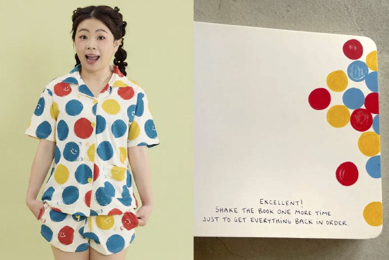 二伯品牌官網宣稱的獨家花色「擁抱點點」,被網友發現疑似與法國知名童書《小黃點》在配色及整體視覺風格相當接近。(圖/翻攝自hahababy、little toy tribe官網)