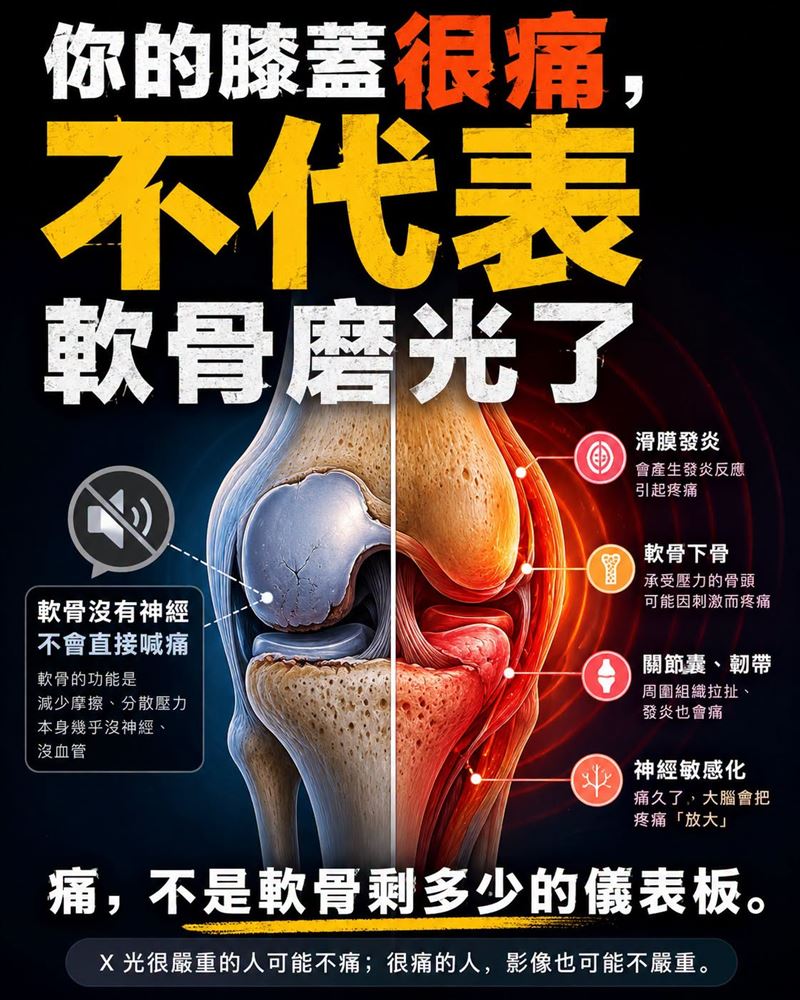 醫師王思恒表示,人的膝蓋很痛,不代表軟骨磨光了。(圖/取自「一分鐘健身教室」)