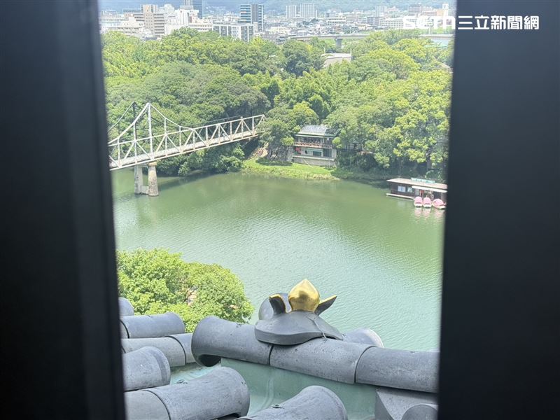 岡山城除了屋頂上的金色鯱瓦,建築外牆還藏有8顆象徵岡山與桃太郎意象的金色桃子。(圖/記者李育道攝影)