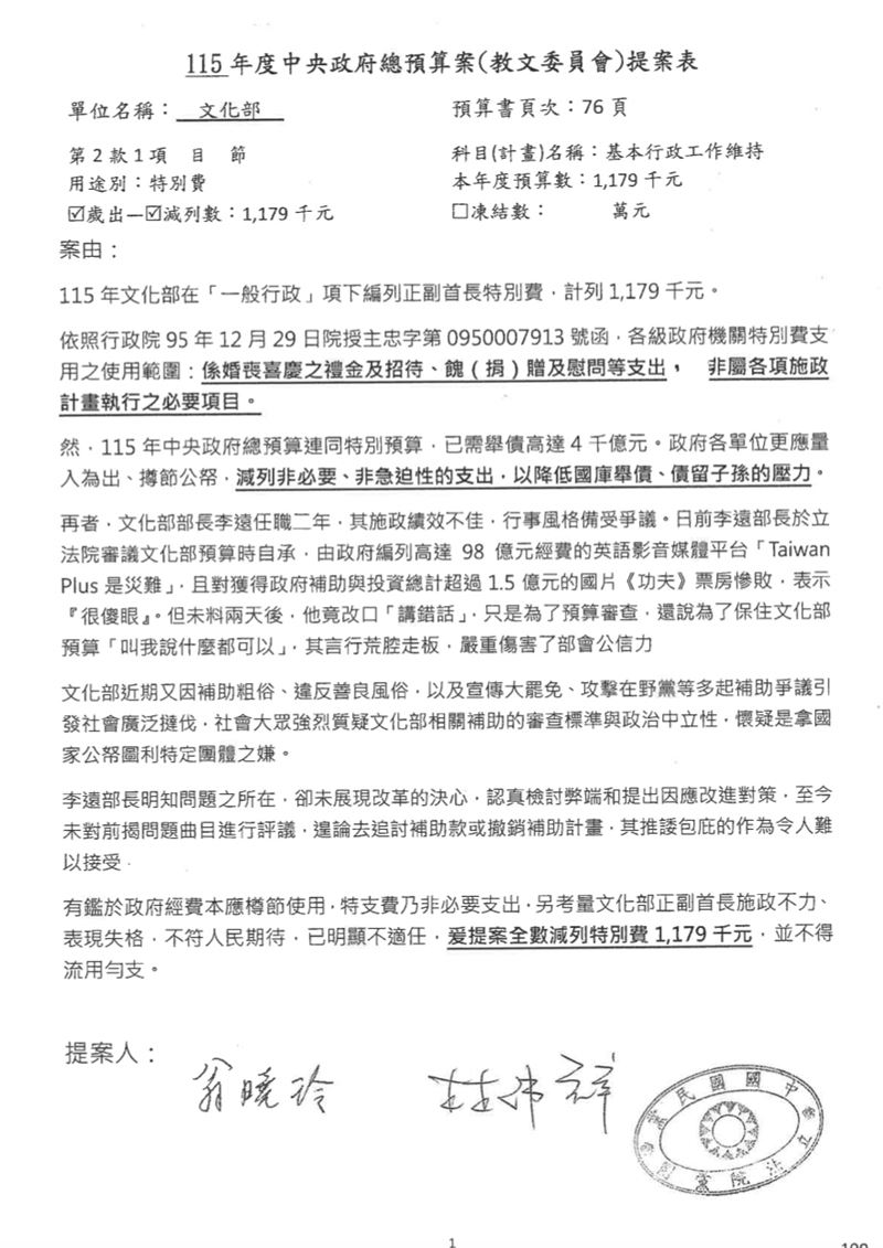 翁曉玲提案刪除文化部特別費(圖/翻攝畫面)