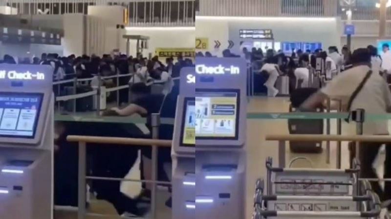 仁川機場爆集體插隊！陸客搶報到鑽護欄