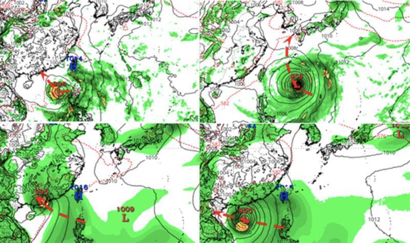 圖:最新(19日20時)歐洲(ECMWF)模式(左上)、美國(GFS)模式(右上),歐洲AI模式(左下)及美國AI模式(右下),下週(26)日20時模擬圖顯示,西北太平洋,有熱帶擾動醞釀、發展,但各個模式模擬的動向差異不小,需持續觀察。(圖/翻攝自洩天機教室官網)