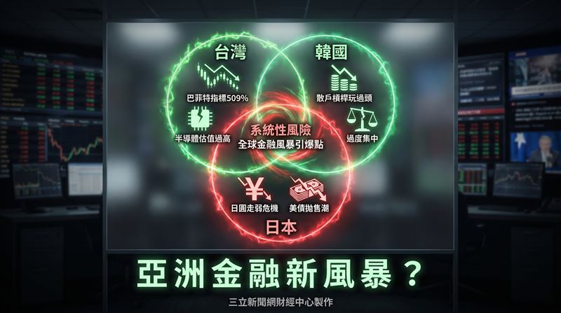 潛在全球金融風暴的「Ground Zero」難道就在我們腳下?美股交易平台Seek Alpha的分析師Eugenio Catone撰文警告,台、韓、日三國股市泡沫巨大,合計規模已達18兆美元,當中台韓的半導體股估值過高,加以後者散戶槓桿玩到斷桿,以及日圓持續走弱所埋下的地雷,正交織成全球投資人應提防的系統性風險。(圖/三立新聞網財經中心蕭榕AI製圖)