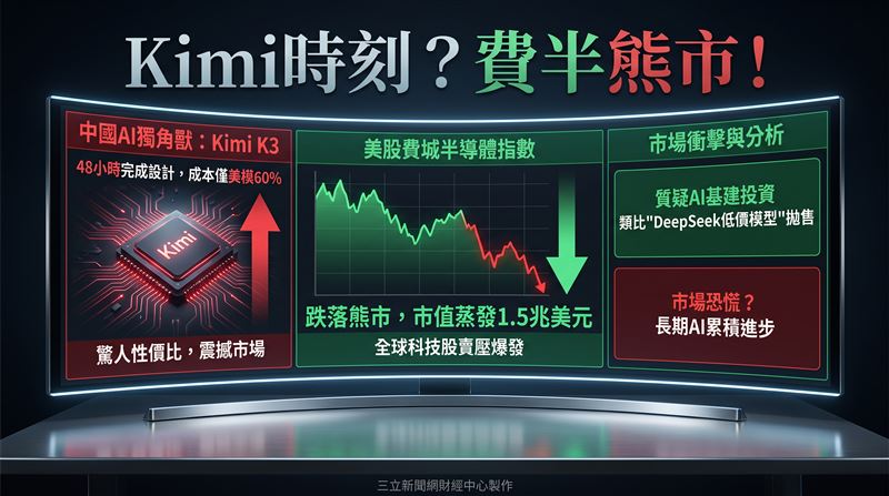 中國AI獨角獸「月之暗面」（Moonshot AI）發布旗下最強模型Kimi K3，號稱僅需48小時就可完成晶片設計，但成本卻只需美國頂級模型的60%。驚人性價比震撼市場，讓科技巨頭砸大錢投資AI基建的做法再受質疑。全球科技股賣壓由此爆發，美股費城半導體指數更是跌落熊市！巨大衝擊讓市場開始以「Kimi時刻」形容，類比去年DeepSeek低價模型所引發的全球拋售。（圖／三立新聞網財經中心蕭榕AI製圖）