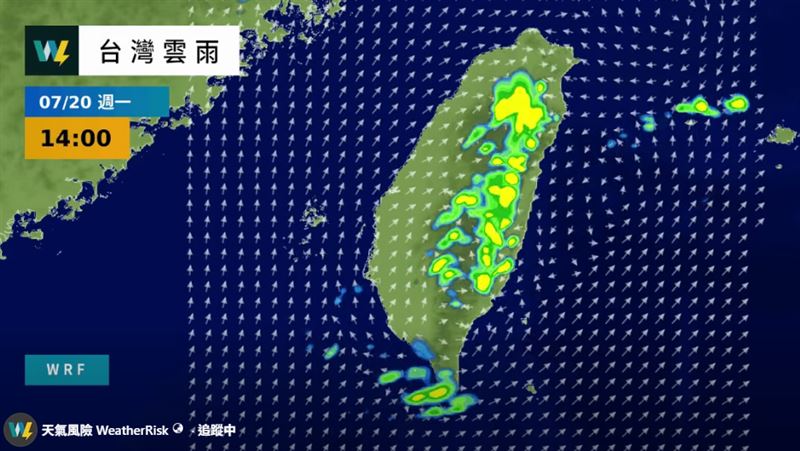 今日午後受熱力作用影響,有局部短暫陣雨或雷雨機會。(圖/翻攝自天氣風險 WeatherRisk)
