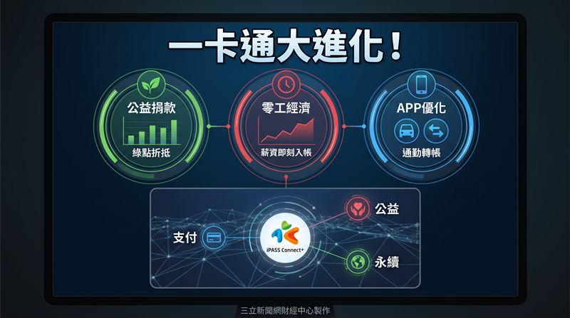 一卡通啟動「iPASS Connect+」計畫，串聯公益平台與零工經濟，開放綠點折抵捐款並升級APP通勤轉帳功能。此舉意在透過整合生活場景提升720萬用戶黏著度，將支付工具轉型為串聯永續、就業與公共運輸的數位生活平台。（圖／三立新聞網財經中心蕭榕AI製圖）