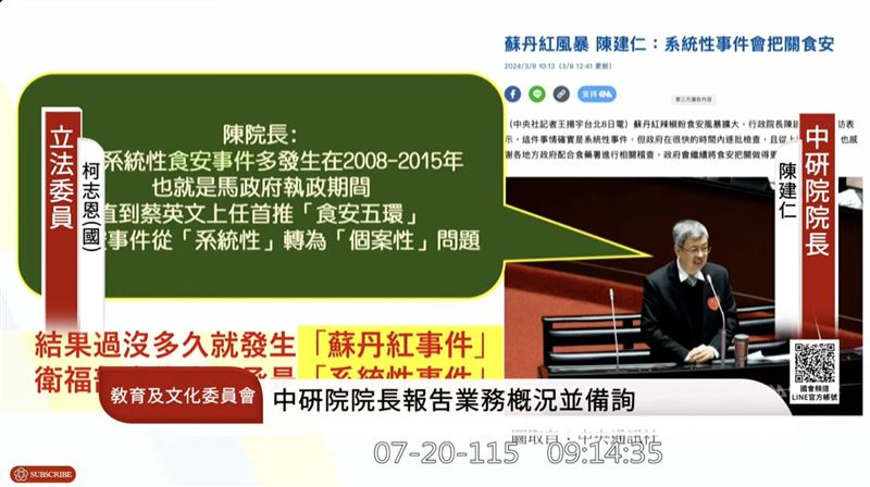 今日立法院舉行教育及文化委員會,國民黨立委柯志恩針對近期食安事件,質詢中研院長陳建仁。(圖/翻攝自國會頻道Youtube)