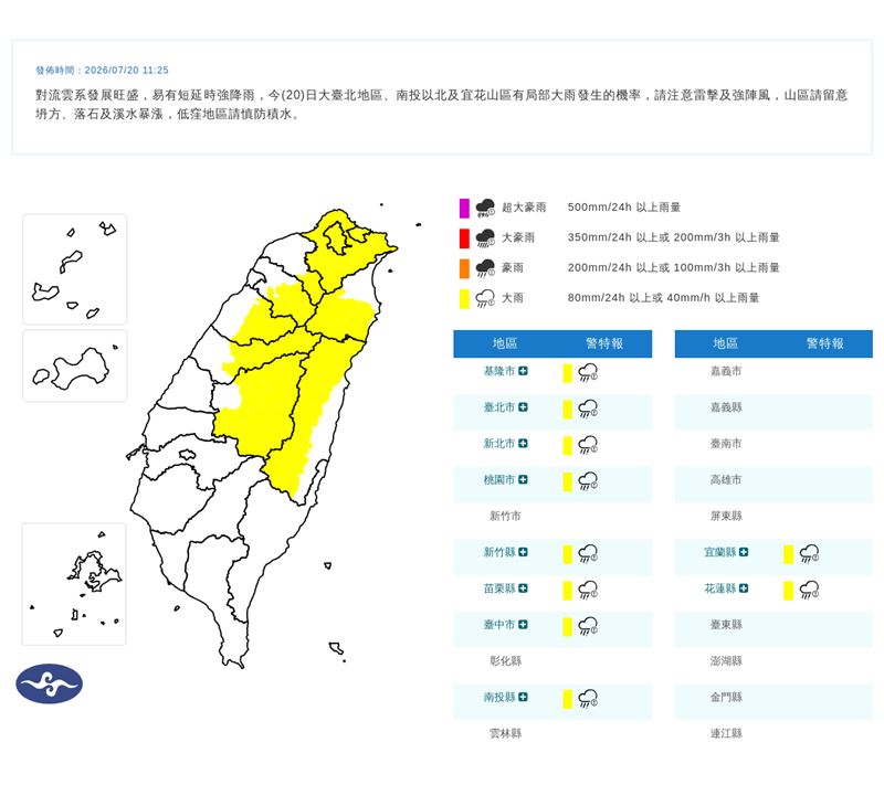中央氣象署今(20)日11時25分發布大雨特報。(圖/中央氣象署)