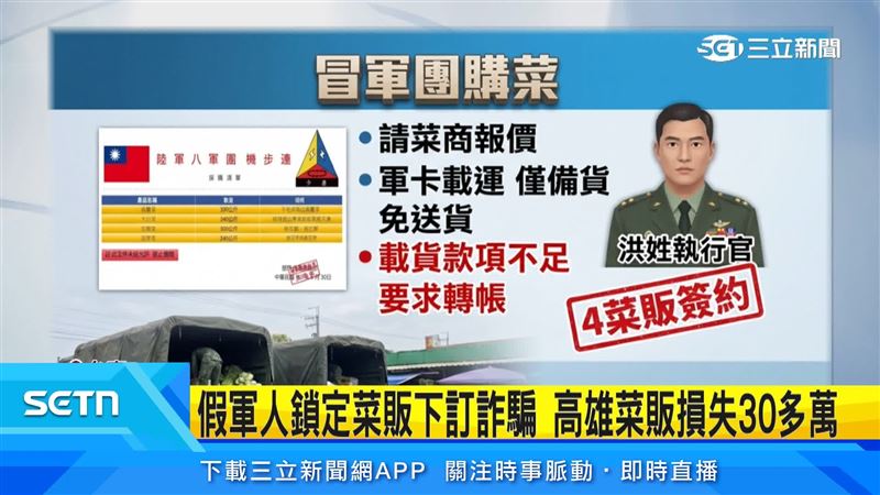 假軍人真詐騙,向菜商訂購大量蔬菜、伺機詐取錢財的詐騙案,有高雄菜販更被騙30多萬元