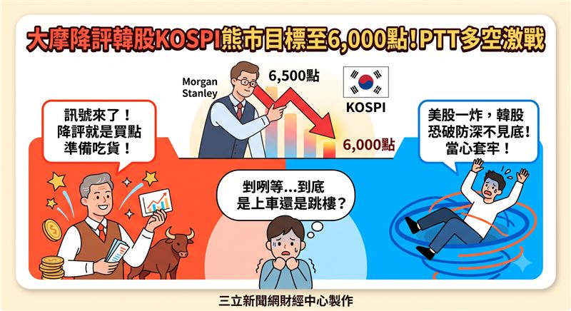 大摩無預警下修韓股KOSPI熊市目標至6,000點,引爆PTT股板多空激烈交戰。老手群起大喊降評就是買點準備偷拉,空方則警告深不見底當心破防。這場外資掀起的吃貨戲碼,讓散戶剉咧等。(AI製圖)