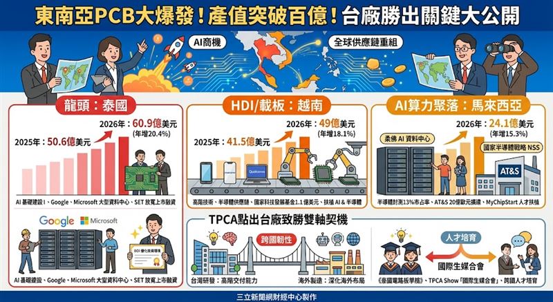 東南亞PCB黃金生態系成形,泰越馬三國搶攻AI商機,預估產值持續飆高。TPCA指出台廠勝出關鍵在於深化海外布局與人才培育,這場全球供應鏈重組大戰,正考驗著台灣電路板產業的跨國韌性。(AI製圖)