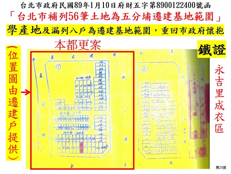 台北市政府民國 89 年函文及位置圖顯示,補列 56 筆土地為五分埔遷建基地範圍,學產地(約 300 戶) 及漏列八戶也納入其中。(圖/台北遷建提供)