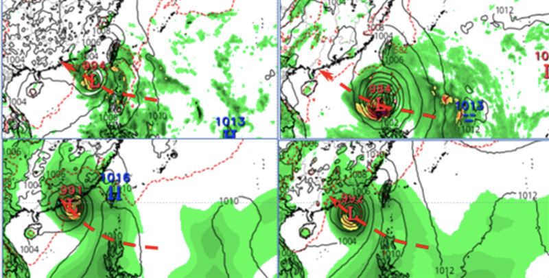 圖:最新(20日20時)歐洲(ECMWF)模式(左上)、美國(GFS)模式(右上),歐洲AI模式(左下)及美國AI模式(右下),週六(25日)20時模擬圖顯示,熱帶系統已通過呂宋島北端進入南海、朝港、澳、廣東一帶前進。歐、美AI模式移速較快,美國(GFS)模式最慢也最偏南,歐洲(ECMWF)模式則較偏北、速度居中。(圖/翻攝自洩天機教室官網)