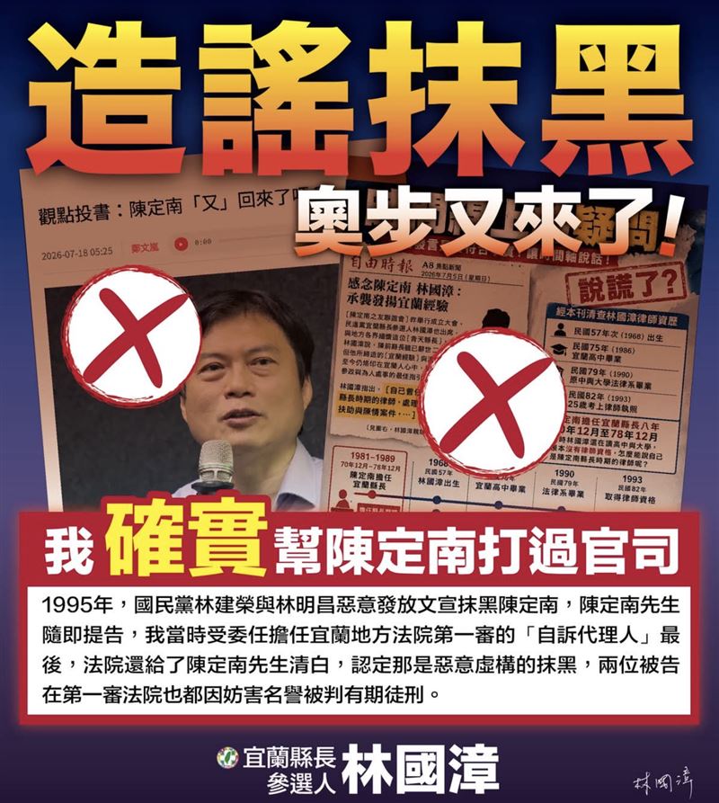 宜蘭選戰爆抹黑奧步,林國漳發聲反擊。(圖/翻攝自林國漳Threads)