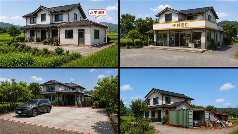 地政局公告農地違規四大類型,包括「農舍變胖、農地變硬、農舍改行、農舍變雜」四大項,違者將裁罰6~30萬元。(AI圖/新北地政局提供)