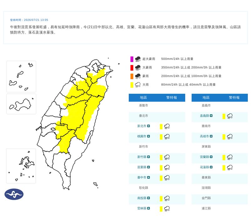 氣象署在今(21)天13:05發布大雨特報。(圖/翻攝自氣象署官網)