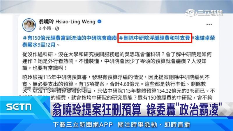 翁曉玲臉書發文,遭綠委痛批中央總預算審查遲未完成,不如先凍結自己的薪水。(圖/翻攝自翁曉玲Hsiao Ling Weng.jpg臉書)
