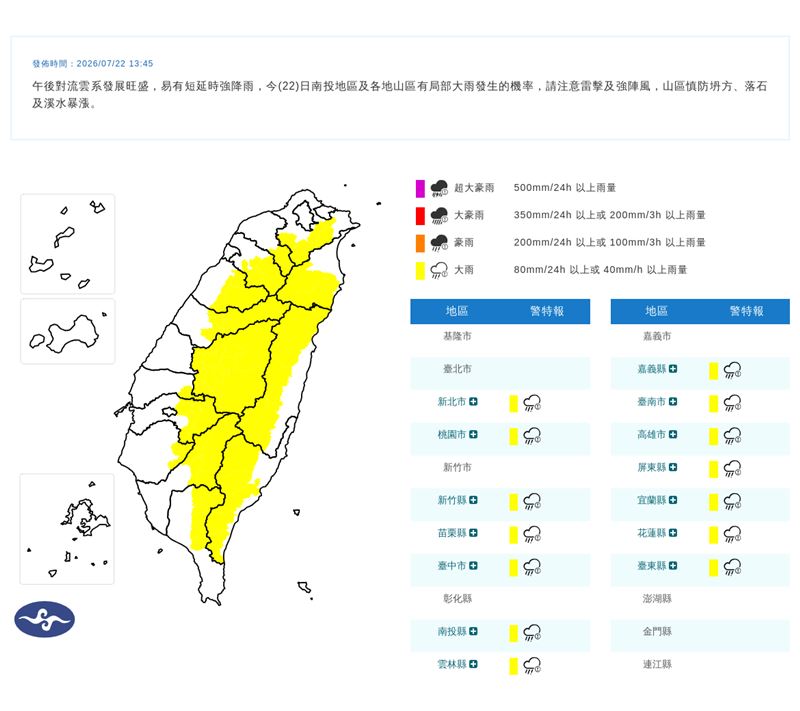 氣象署在今（22）天13:45發布大雨特報。（圖／翻攝自氣象署官網）